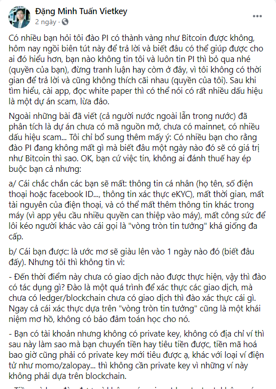Chia sẻ của TS Đặng Minh Tuấn về Pi network
