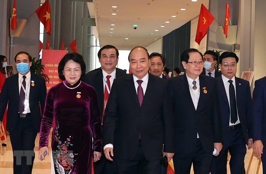 Thủ tướng Chính phủ Nguyễn Xuân Phúc, Chủ tịch Hội đồng Thi đua-Khen thưởng Trung ương, Phó Chủ tịch nước Đặng Thị Ngọc Thịnh đến dự Đại hội. Ảnh: TTXVN.