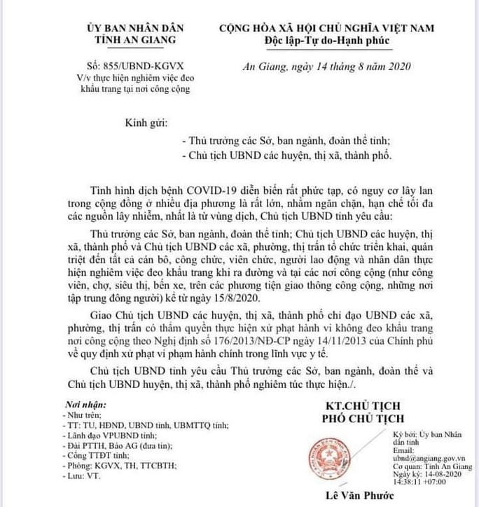 UBND tỉnh An Giang ra văn bản riêng thực hiện nghiên việc đeo khẩu trang nơi công cộng 