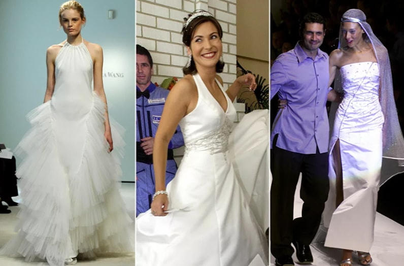 Từ trái qua: Một người mẫu trình diễn chiếc váy từ bộ sưu tập mùa xuân của Vera Wang tại Tuần lễ Áo cưới New York, ngày 17/4/2008; Yekaterina Dmitrieva Malenchenko tạo dáng gần một bức tượng bằng bìa cứng của chồng cô, phi hành gia, Anh hùng dân tộc của Nga, Yuri Malenchenko trong lễ cưới được tổ chức qua liên kết vệ tinh vào ngày 10/8/2003; Nhà thiết kế người Ý Antonio D'Amico với một người mẫu Pháp trong buổi trình diễn ở Milan vào ngày 26/9/1999.