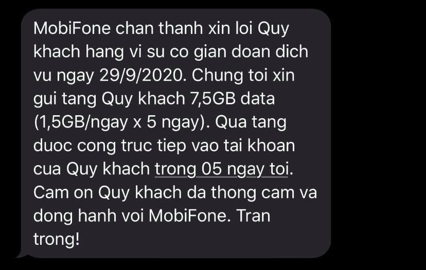 TIn nhắn xin lỗi khách hàng đến từ phía Mobifone. (Nguồn: Sưu tầm) 