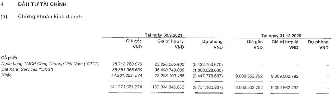 Vĩnh Hoàn tham gia đầu tư tài chính. Ảnh chụp báo cáo tài chính. 