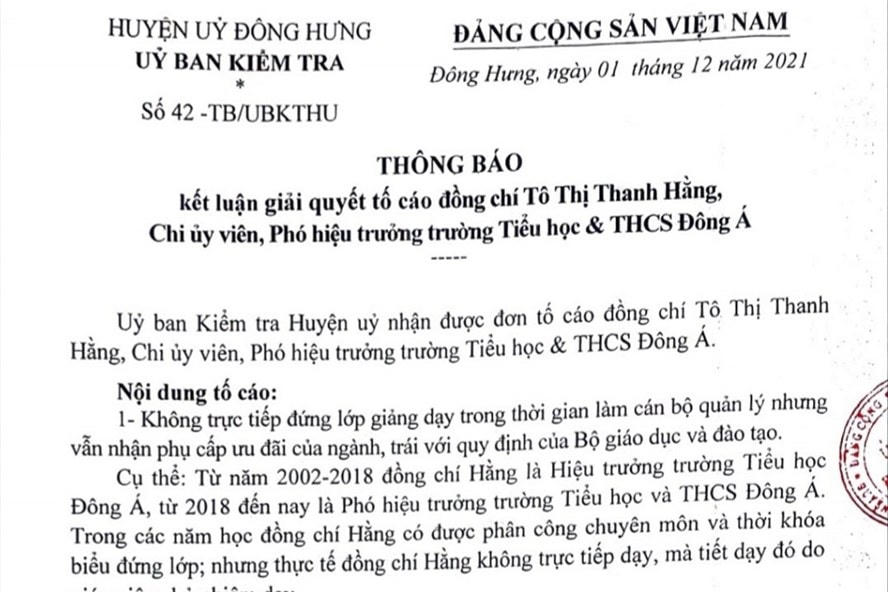 Văn bản Thông báo kết luận giải quyết tố cáo của Ủy ban Kiểm tra Huyện ủy Đông Hưng.