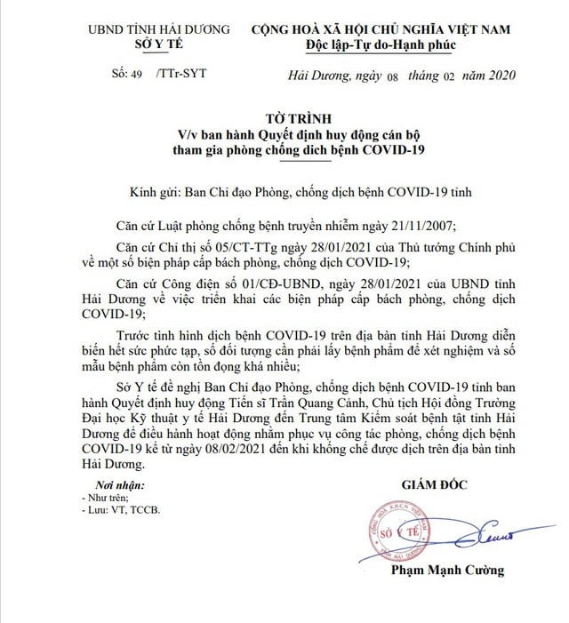 Tờ trình của Sở Y tế Hải Dương đề nghị huy động Tiến sĩ Trần Quang Cảnh đến Trung tâm Kiểm soát bệnh tật Hải Dương.