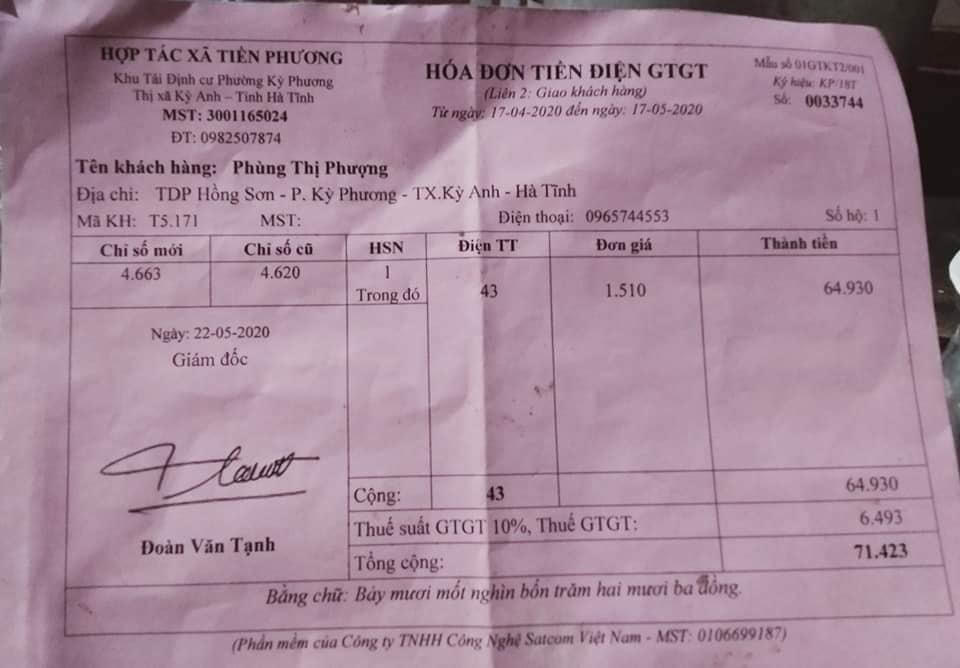 Hóa đơn tiền điện tháng 5/2020 của hộ dân này chỉ hơn 71.000 đồng.