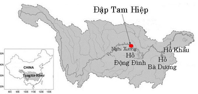 Vị trí đập Tam Hiệp. Đồ họa: Cơ quan Khí tượng Quốc gia Trung Quốc.  