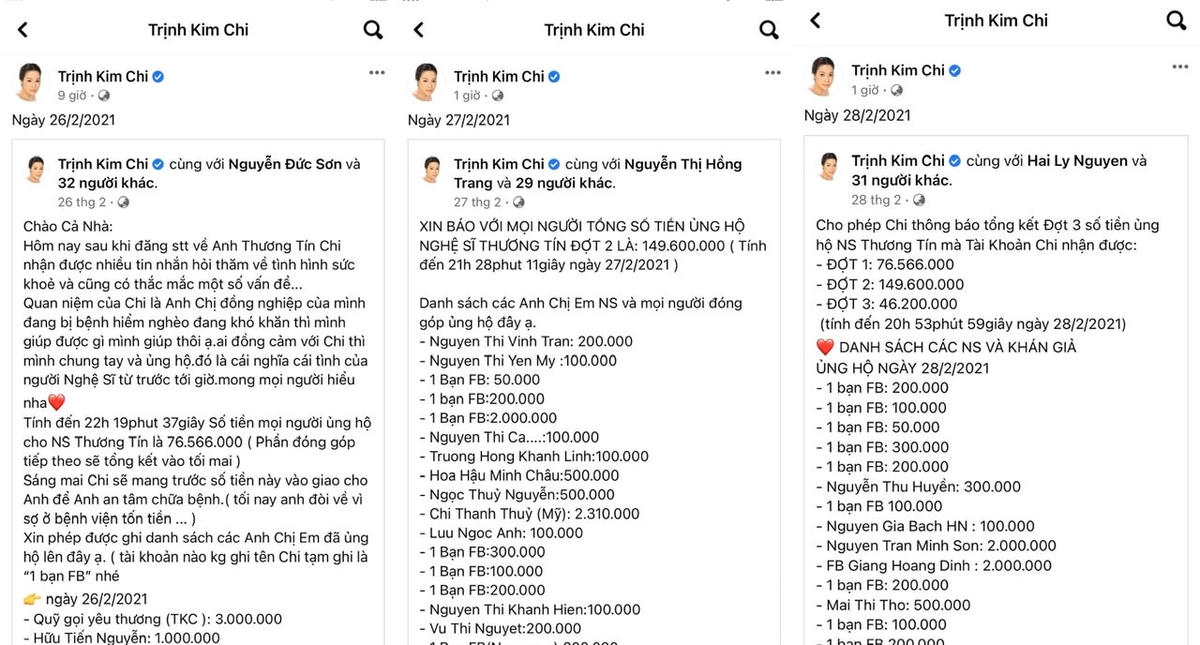 Trịnh Kim Chi "sao kê" số tiền quyên góp ủng hộ Thương Tín. Ảnh: CMH.