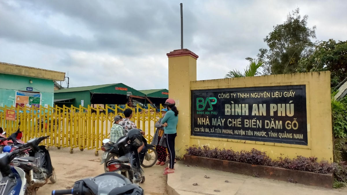 Nhiều người dân đứng ngoài cổng nhà máy dăm gỗ theo dõi.