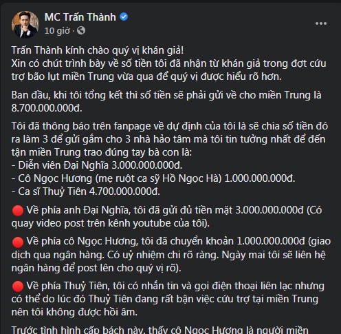 Chia sẻ của nghệ sĩ Trấn Thành.
