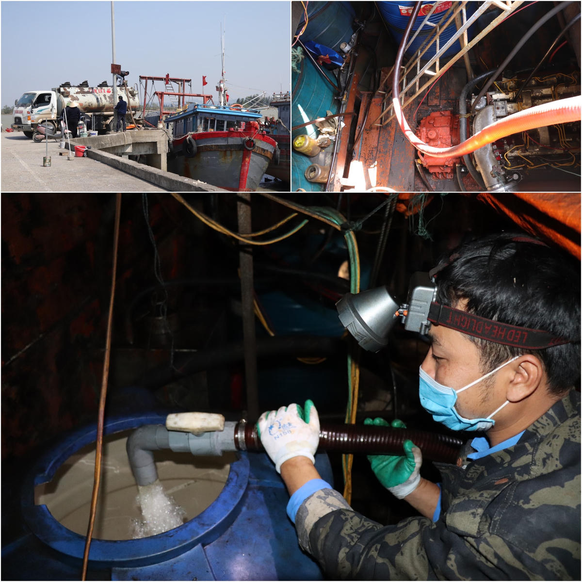 Các xe bồn chở xăng, dầu bơm căng bình chứa cho các tàu thuyền trước mỗi chuyến vươn khơi.