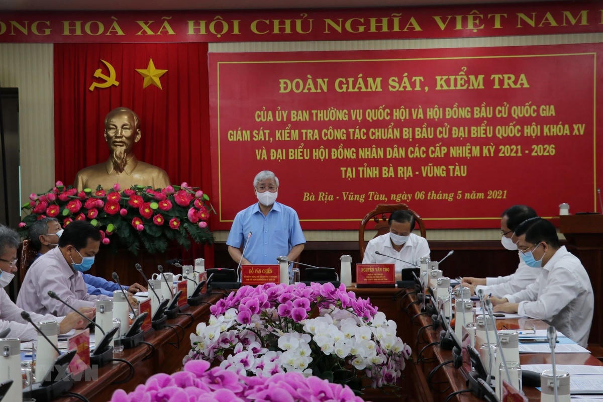Bí thư Trung ương Đảng, Chủ tịch UBTƯ MTTQ Việt Nam Đỗ Văn Chiến, Phó Chủ tịch Hội đồng bầu cử quốc gia, phát biểu tại buổi giám sát, kiểm tra công tác chuẩn bị bầu cử đại biểu Quốc hội khóa XV và đại biểu Hội đồng nhân dân các cấp nhiệm kỳ 2021-2026, tại tỉnh Bà Rịa-Vũng Tàu, ngày 6/5/2021.