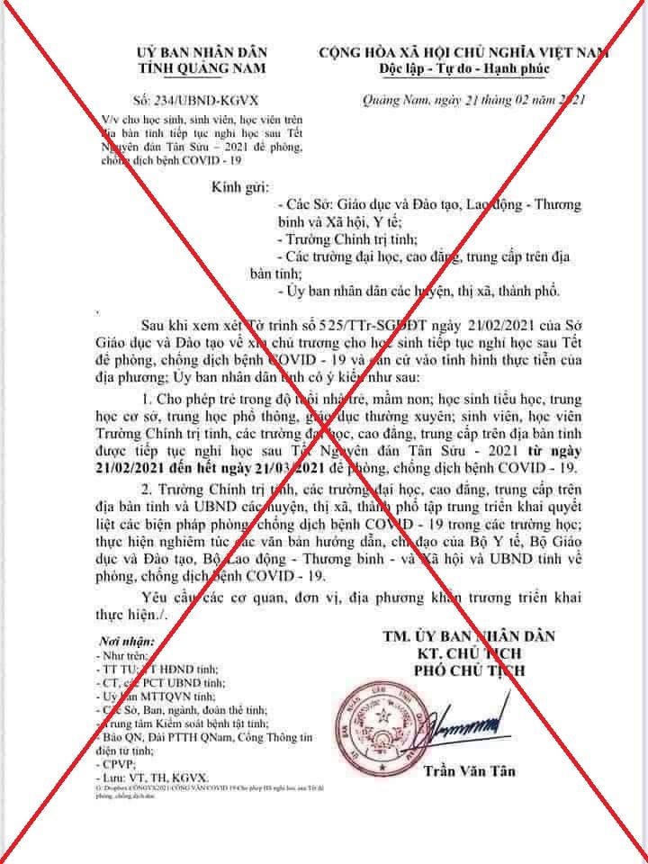 Văn bản giả mạo cho học sinh nghỉ học 1 tháng phòng chống dịch Covid-19.