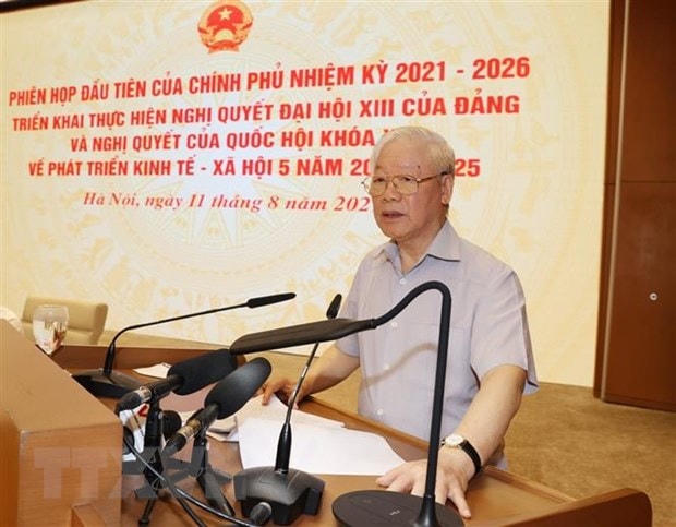 Tổng Bí thư Nguyễn Phú Trọng phát biểu tại Phiên họp đầu tiên của Chính phủ nhiệm kỳ 2021-2026. (Ảnh: Trí Dũng/TTXVN).