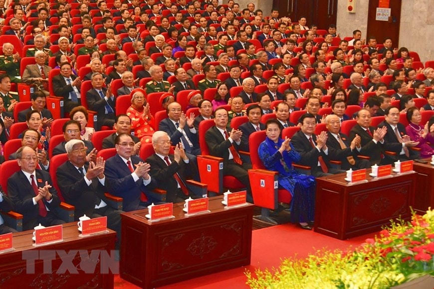 Các đồng chí lãnh đạo Đảng, Nhà nước dự khai mạc Đại hội. (Ảnh: Văn Điệp/TTXVN).