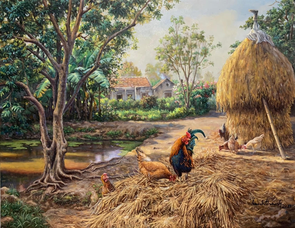 Một vùng quê ở Thanh Hóa hiện lên dưới nét vẽ tài hoa của họa sĩ 7X. Ảnh: NVCC.