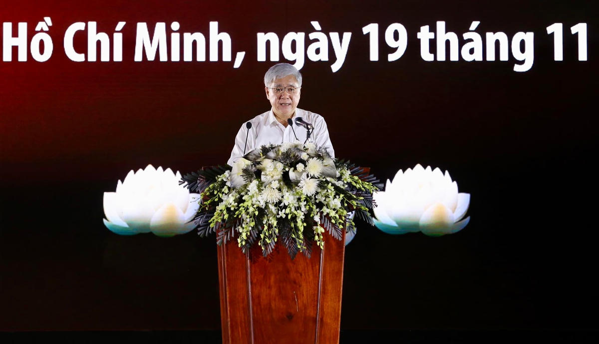 Chủ tịch UBTƯ MTTQ Việt Nam Đỗ Văn Chiến phát biểu tại Lễ Tưởng niệm đồng bào và cán bộ, chiến sĩ hy sinh, tử vong trong đại dịch Covid-19 tại điểm cầu TP Hồ Chí Minh.