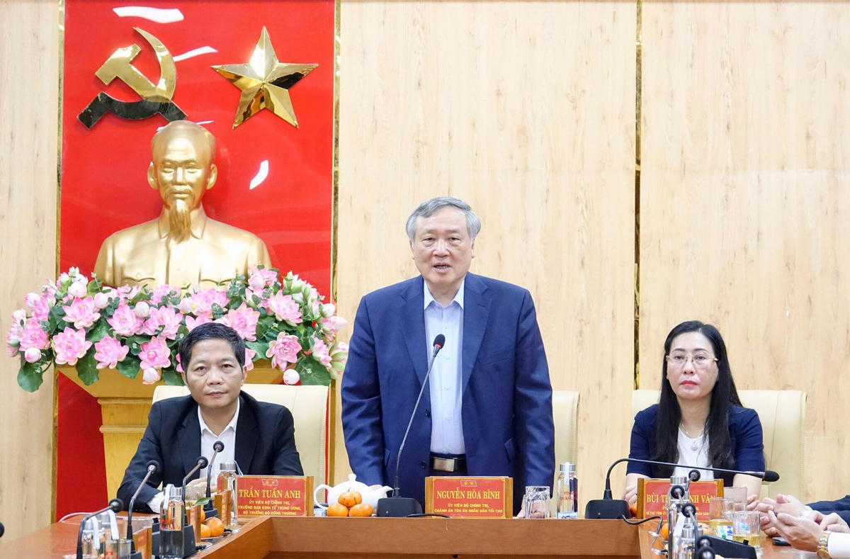Chánh án TAND tối cao Nguyễn Hòa Bình phát biểu tại buổi làm việc.
