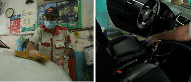 Vệ sinh xe từ ngoại thất đến nội thất sau nhiều ngày không sử dụng. (Ảnh: PV/Vietnam+)