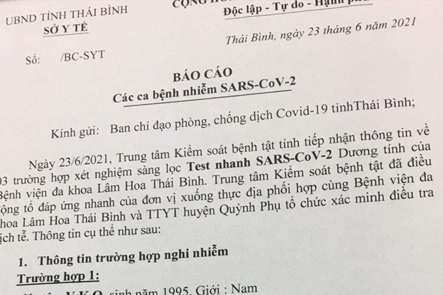 Báo cáo của Sở Y tế Thái Bình về 3 trường hợp liên quan đến Covid-19.