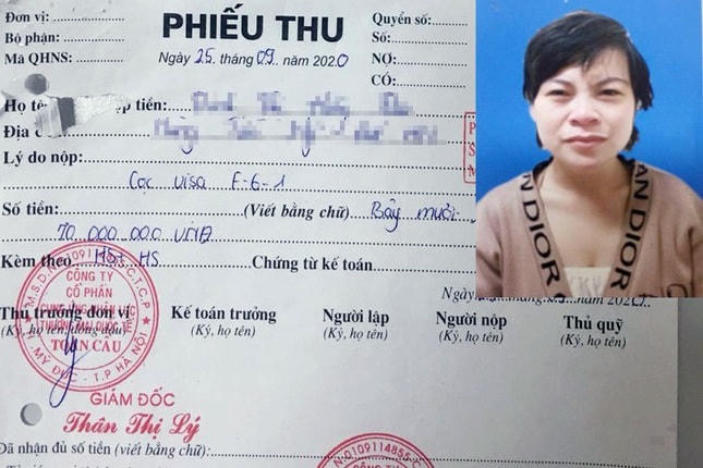 Thân Thị Lý (ảnh nhỏ) và phiếu thu do chính Lý ký, đưa cho người lao động để làm tin (Ảnh: TV).