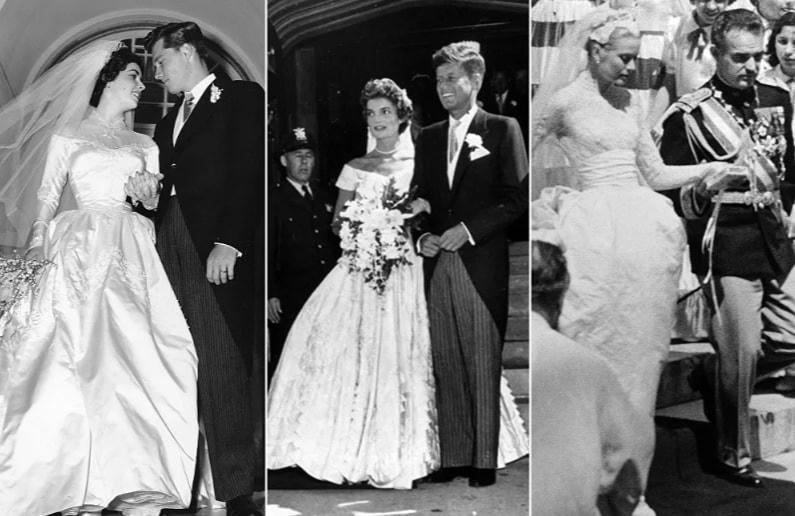 Từ trái qua: Nữ diễn viên Elizabeth Taylor với Conrad Hilton Jr. vào ngày 6/5/1950; Jacqueline Kennedy với Tổng thống tương lai của Mỹ, John Fitzgerald Kennedy vào ngày 12/9/1953; Nữ diễn viên Grace Kelly sau đám cưới của cô với Hoàng tử Monaco Rainier III vào ngày 19/4/1956.