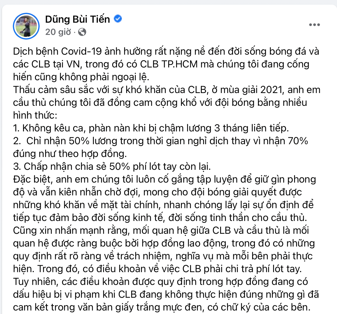 Bùi Tiến Dũng lên tiếng về lùm xùm trên trang cá nhân. Ảnh chụp màn hình.
