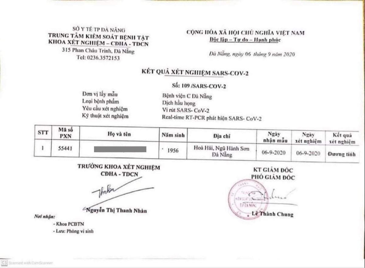 Kết quả xét nghiệm lần đầu của bệnh nhân P.N.S. tại Bệnh viện C Đà Nẵng.