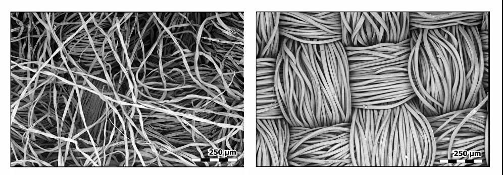 Hình ảnh từ trên xuống của khẩu trang bằng vải nỉ bông (L) và polyester.
