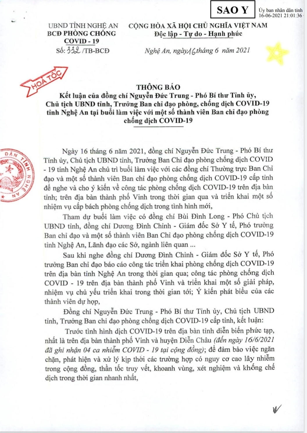 Công văn của UBND tỉnh Nghệ An về việc giãn cách TP Vinh theo Chỉ thị 16 từ 0h ngày 17/6/2021.