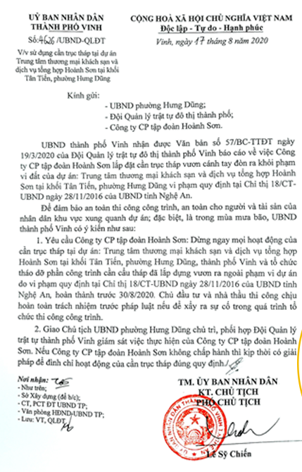 Văn bản của UBND TP Vinh về hoạt động của cần trục tháp của Cty Tập đoàn Hoành Sơn