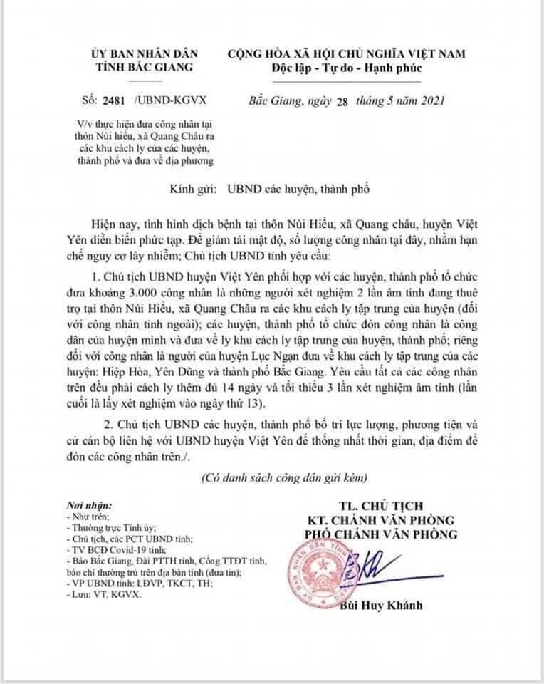 Nội dung văn bản đưa khoảng 3.000 công nhân ra khu cách ly.