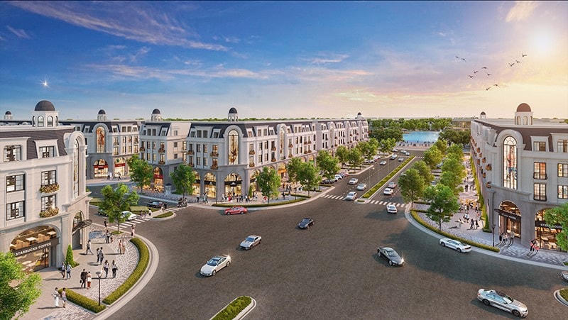 Tuyến đường trong phân khu Shophouse được thiết kế rộng rãi, giao thông thoáng đãng, thuận lợi việc kinh doanh.