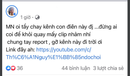 Một trong nhiều phụ huynh kêu gọi "báo cáo" kênh Youtube của Thơ Nguyễn. Nguồn: FB. 
