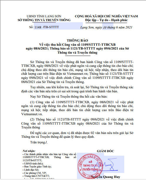 Giám đốc Sở TT&TT Lạng sơn ký Văn bản Thông báo thu hồi Công văn số 1109/STTTT-TTBCXB ngày 8/6/2021
