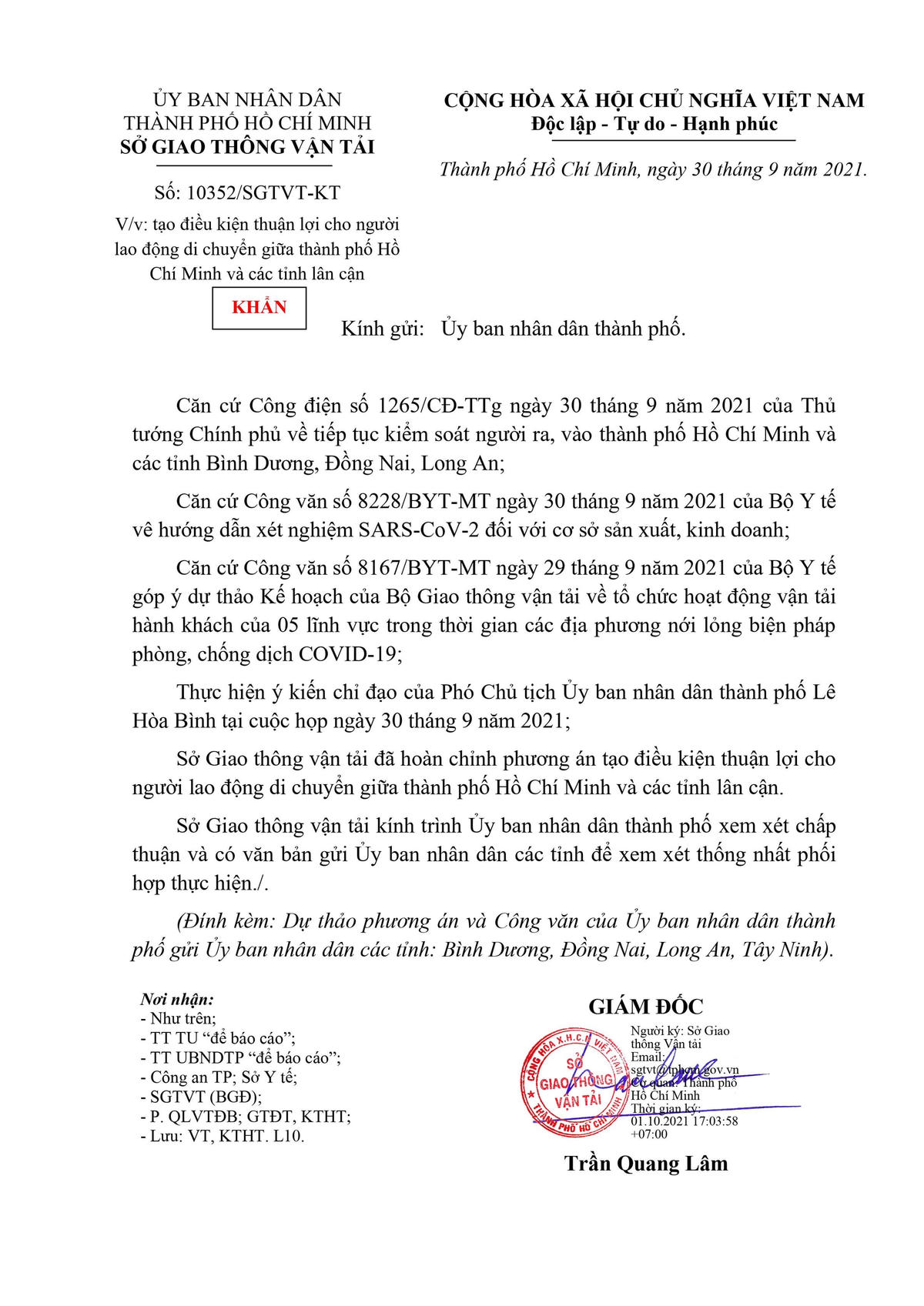 Văn bản khẩn của Sở GTVT TP HCM gửi các tỉnh thành lân cận.