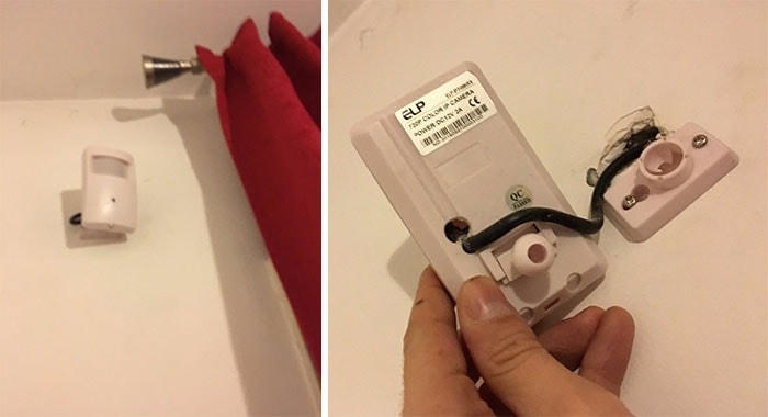 Chiếc máy phát hiện chuyển động được lắp đặt bên trong một căn phòng cho thuê và khi mở ra, có một camera quay lén bên trong.