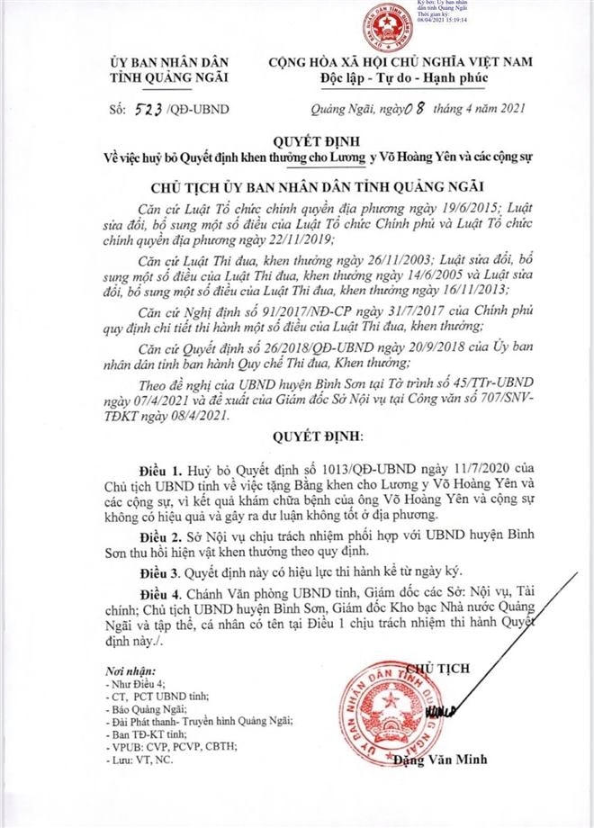 UBND tỉnh Quảng Ngãi có quyết định hủy bỏ khen thưởng cho ông Võ Hoàng Yên.