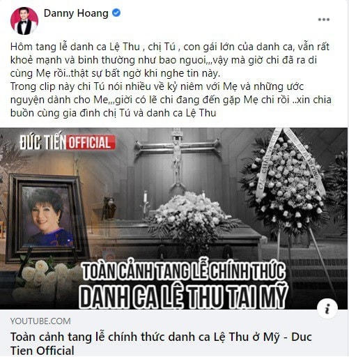 Người mẫu Đức Tiến chia sẻ thông tin tang lễ con gái danh ca Lệ Thu khiến nhiều người bất ngờ (Ảnh: FBNV).