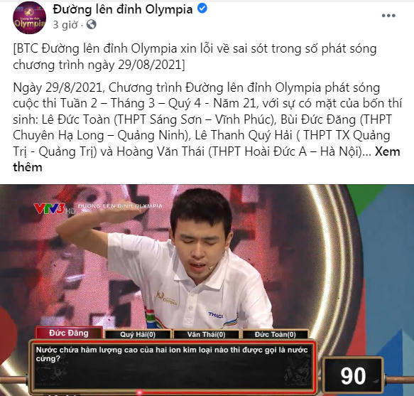 BTC chương trình Đường lên đỉnh Olympia xin lỗi về sai sót trong số phát sóng ngày 29/8 trên trang fanpage của chương trình.
