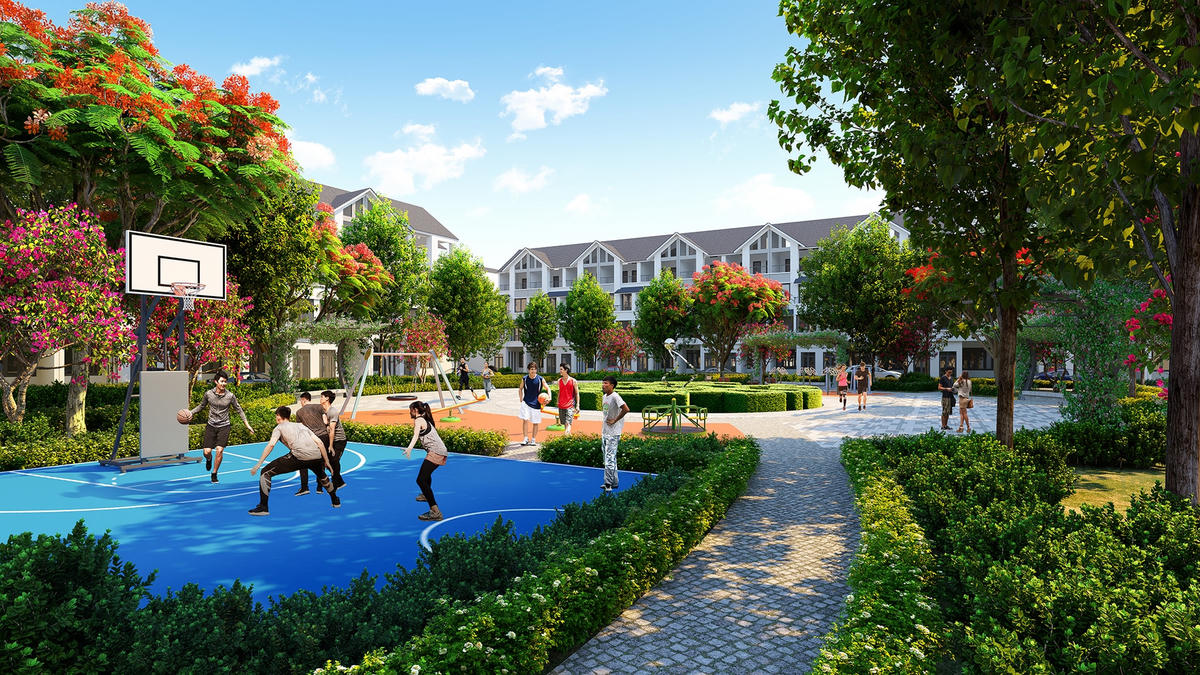 Khu vực sân thể dục thể thao, đường chạy bộ thoáng rộng trong khu đô thị Hinode Royal Park. Ảnh: TL.