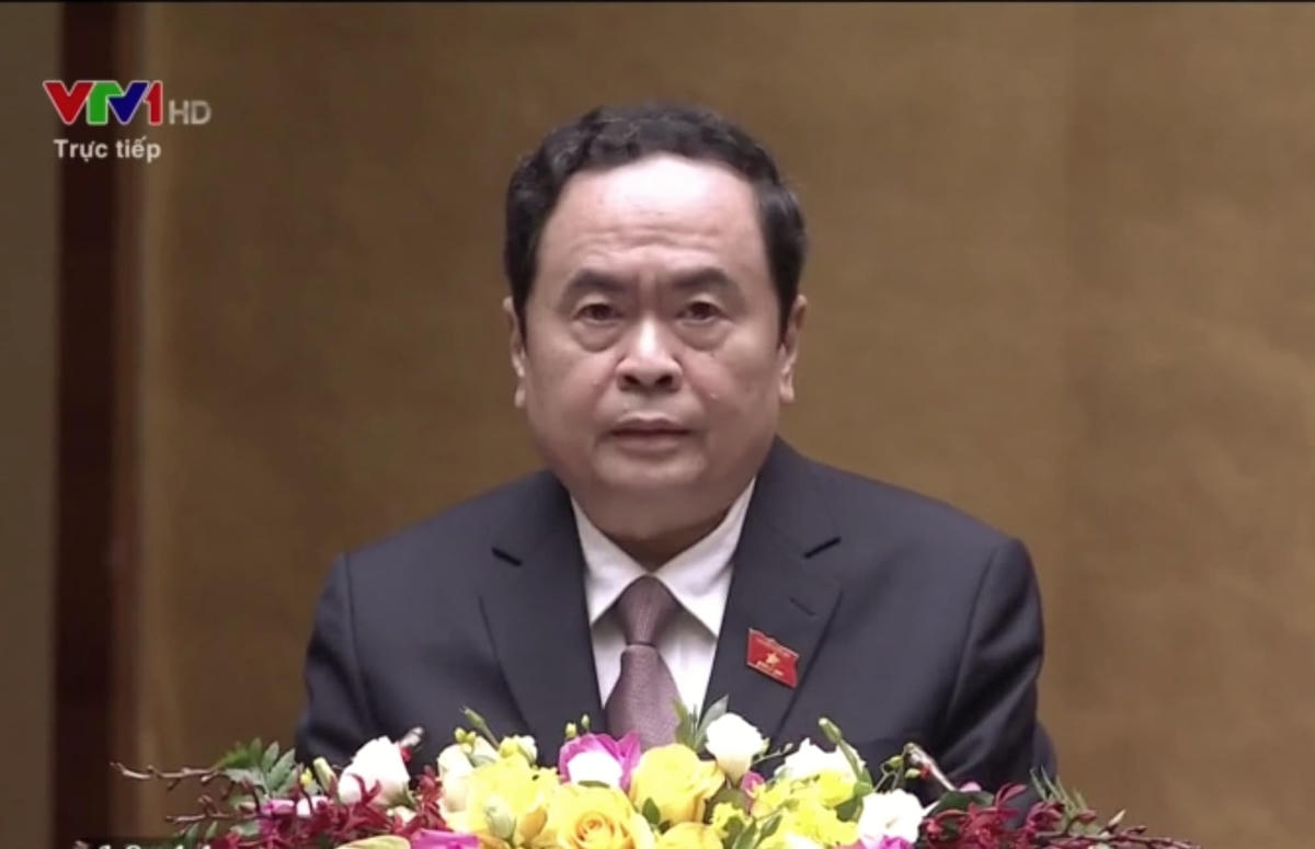 Bí thư Trung ương Đảng, Chủ tịch UBTƯ MTTQ Việt Nam Trần Thanh Mẫn trình bày báo cáo ý kiến, kiến nghị của cử tri, Nhân dân trước Quốc hội. Ảnh chụp màn hình.