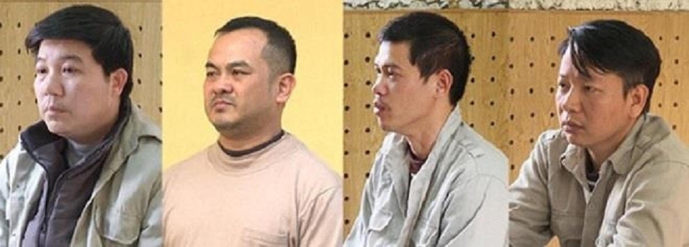 Các bị can (Từ trái qua) Vi Ngọc Khang, Chu Ngọc Hoàng, Hà Minh Tuyền, Bùi Mạnh Công.