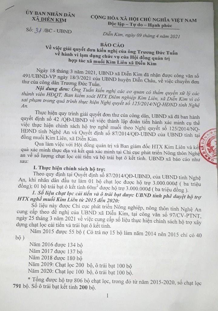 Văn bản báo cáo của UBND xã Diễn Kim về vụ việc.