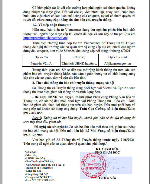 Văn bản được cho là "làm khó" báo chí tác nghiệp do và Lê Hải Yến- Phó Giám đốc Sở TT&TT tỉnh Lạng Sơn ký ban hành.