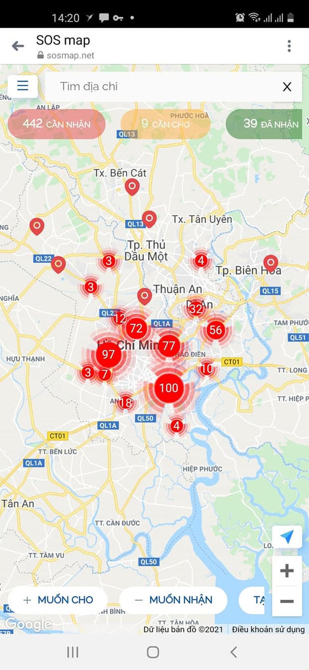 Các điểm ghim đỏ trên bản đồ biểu trưng cho các trường hợp muốn cho hoặc cần nhận.