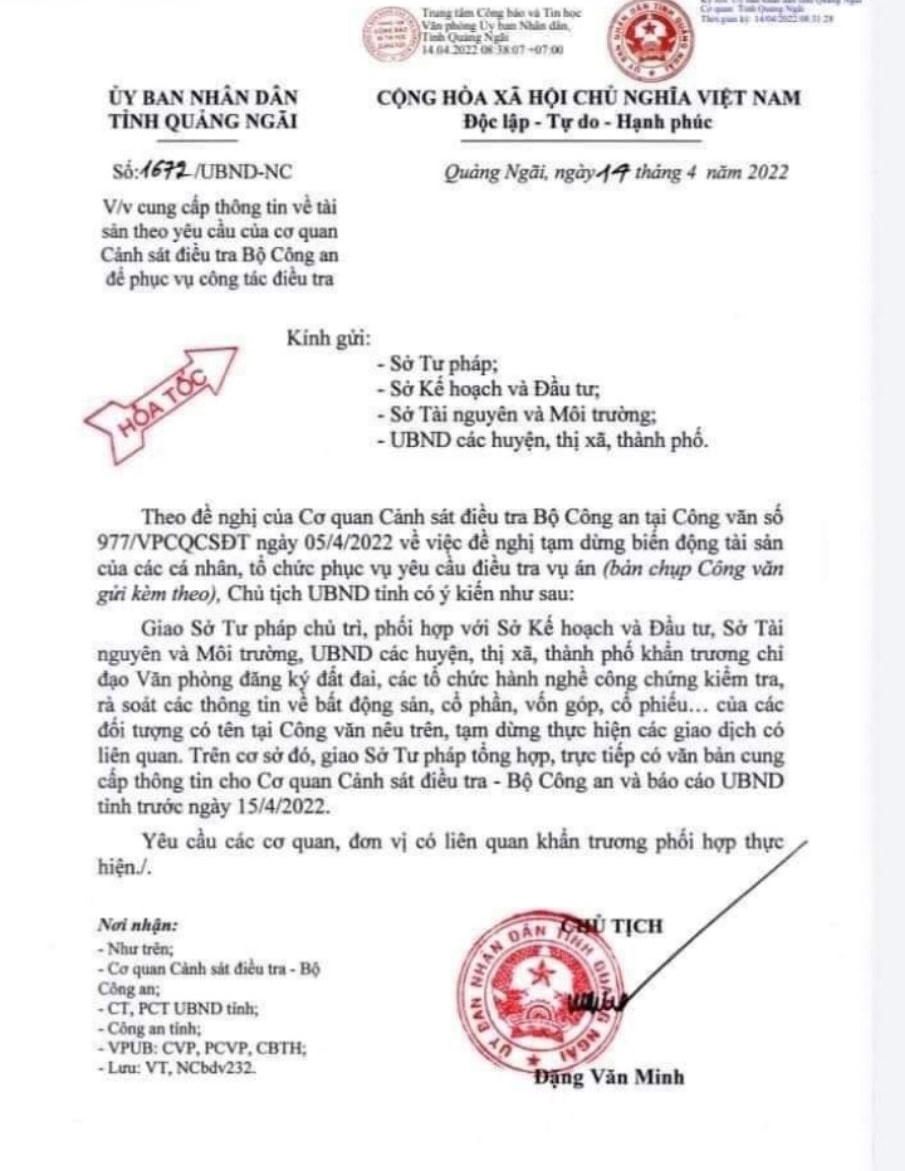 Văn bản hỏa tốc yêu cầu cung cấp thông tin, tài sản.
