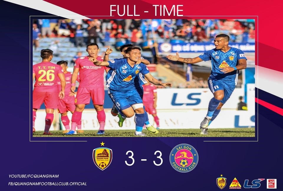 Quảng Nam cầm hòa Sài Gòn FC để giữ 1 điểm quý giá trên sân nhà trong cuộc đua trụ hạng mùa này. (Ảnh: CLB Quảng Nam).