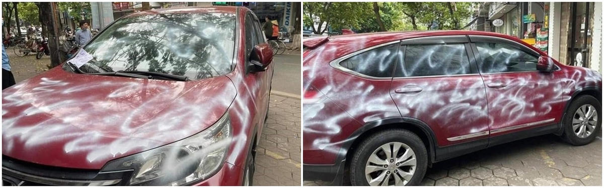 Chiếc xe bị xịt kín sơn khi để trên vỉa hè, trước cửa nhà người khác đã thu hút sự quan tâm của dư luận.
