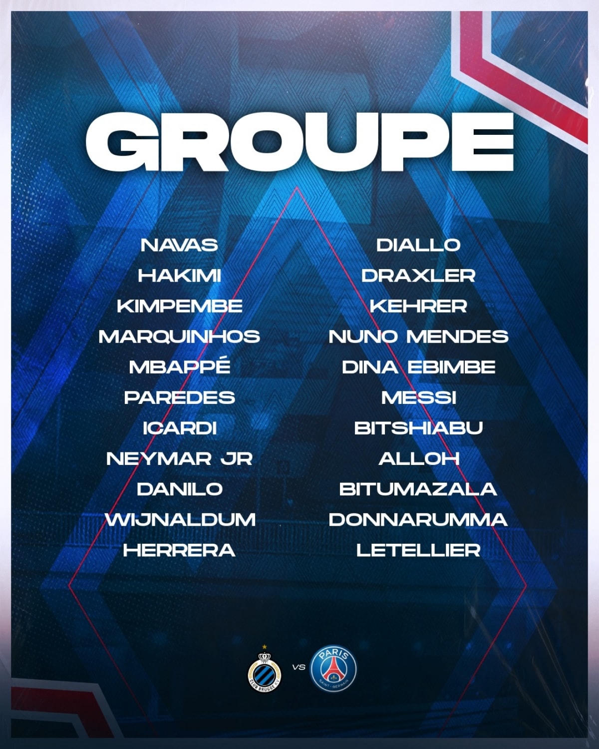 Messi, Neymar, Mbappe đều có tên trong danh sách tham dự trận gặp Brugge. Ảnh: PSG.