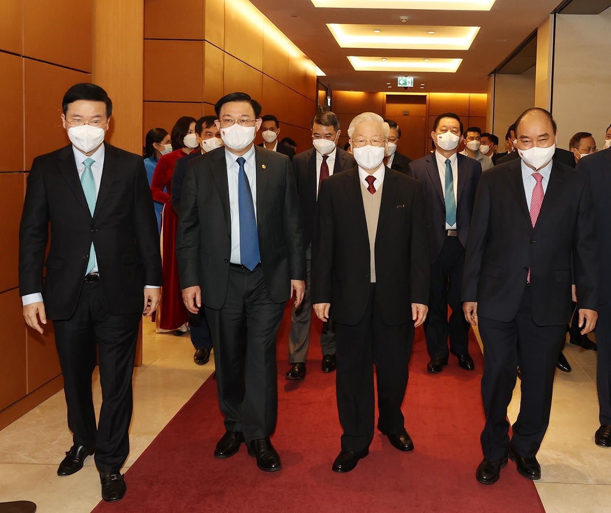 Tổng Bí thư Nguyễn Phú Trọng, Chủ tịch nước Nguyễn Xuân Phúc, Chủ tịch Quốc hội Vương Đình Huệ, Thường trực Ban Bí thư Võ Văn Thưởng dự Hội nghị. Ảnh: Trí Dũng –TTXVN.